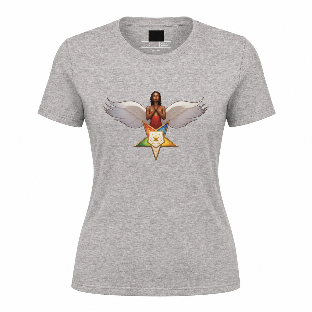 Gray t-shirt with a graphic design of a person with wings and a colorful star on a white background