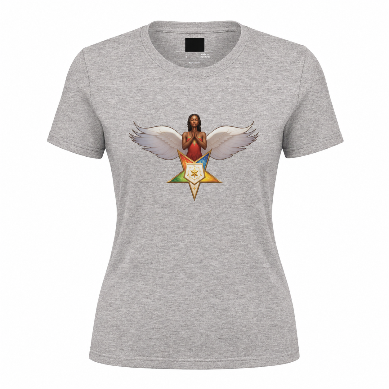 Gray t-shirt with a graphic design of a person with wings and a colorful star on a white background