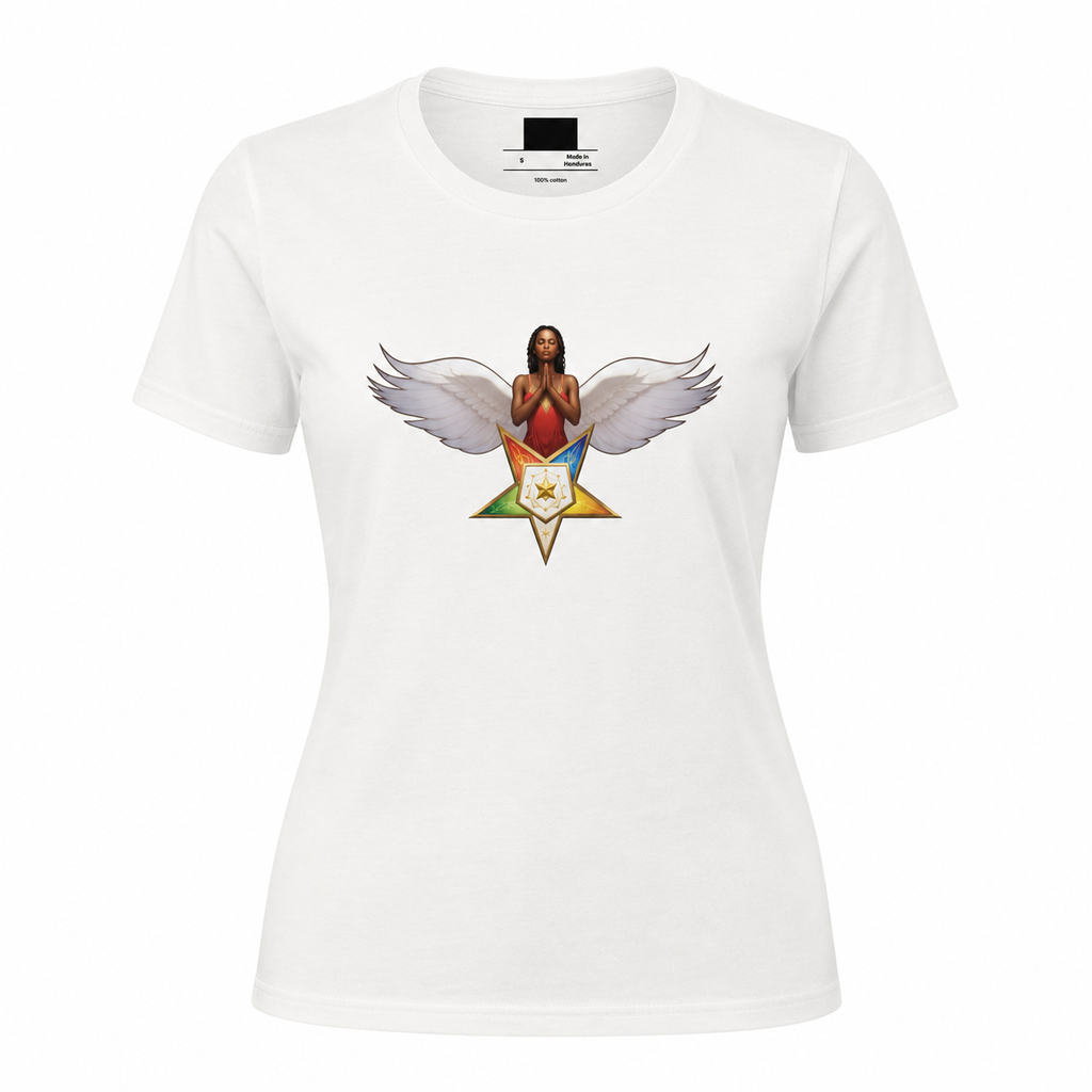 White t-shirt with a graphic design of a person with wings and a star on a white background