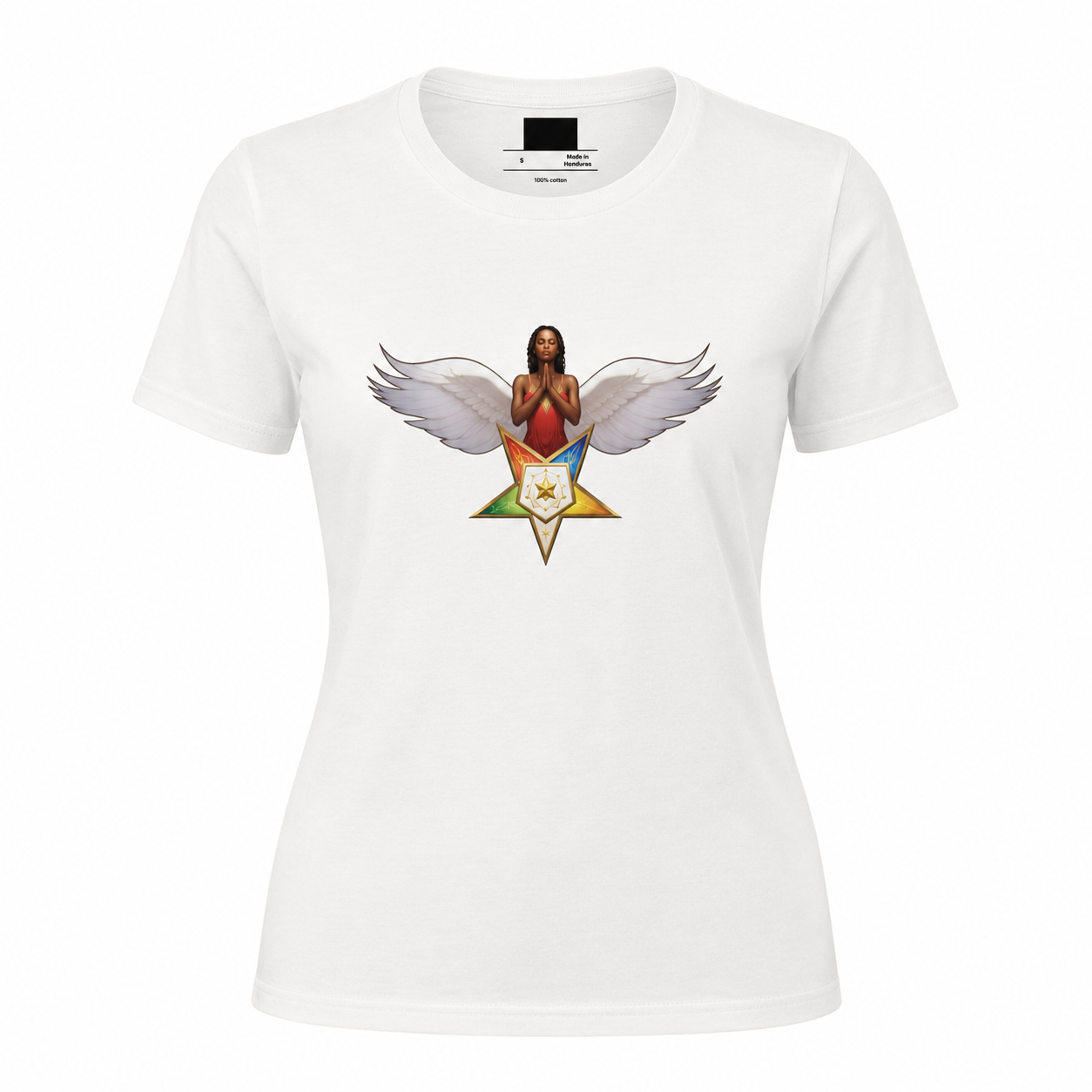 White t-shirt with a graphic design of a person with wings and a star on a white background