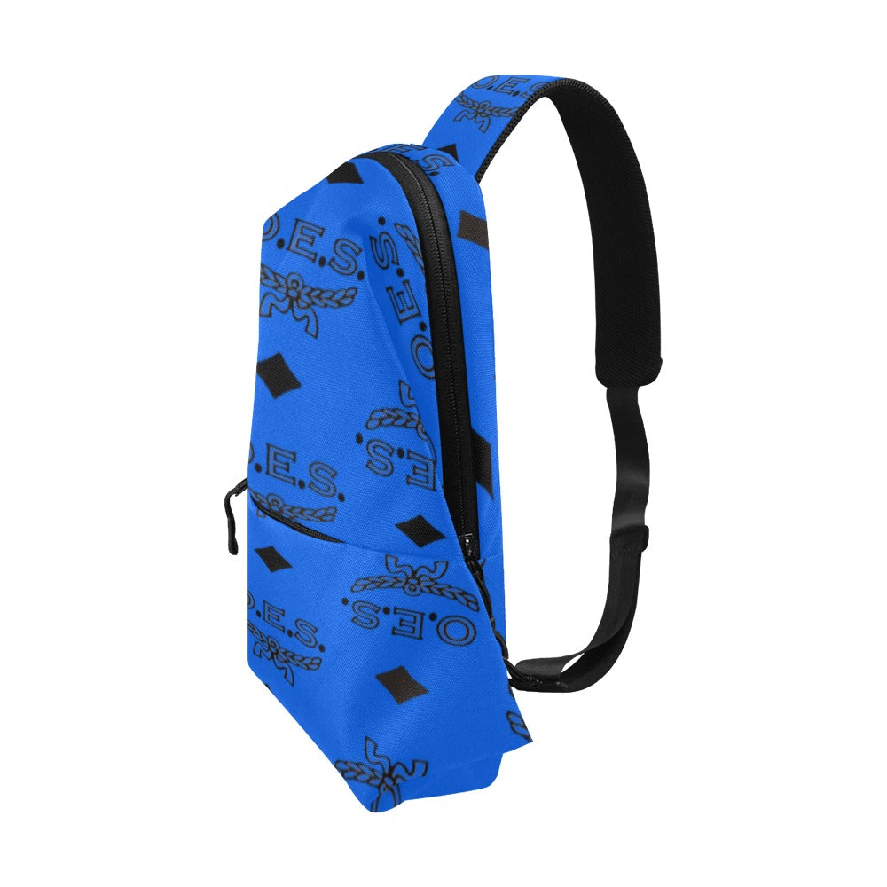 Blue sling bag with black patterns on a white background