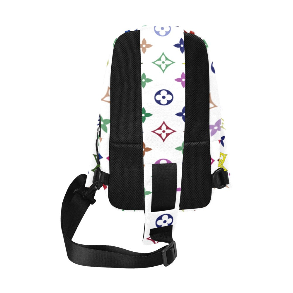 Backpack with colorful pattern on a white background