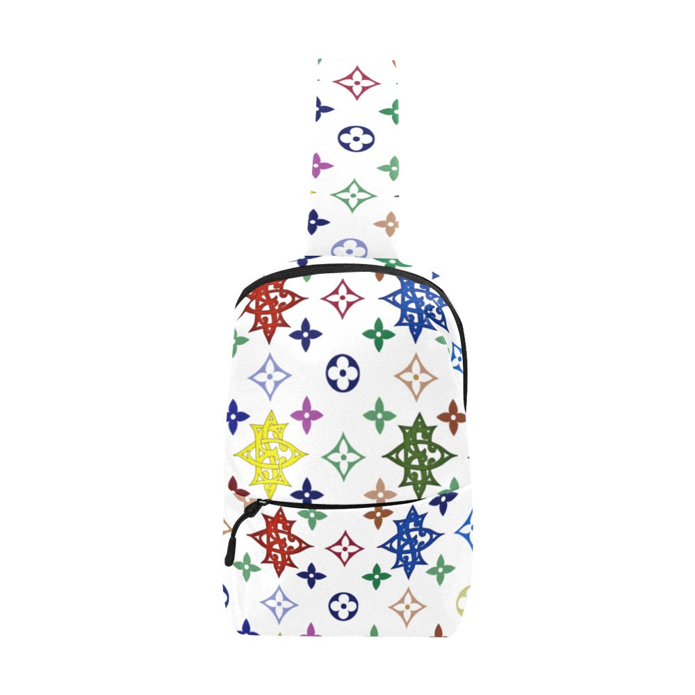 Backpack with colorful star pattern on a white background