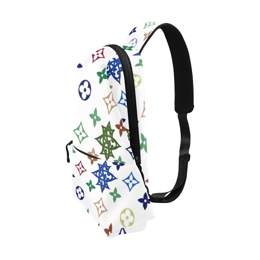 White bag with colorful geometric pattern on a white background