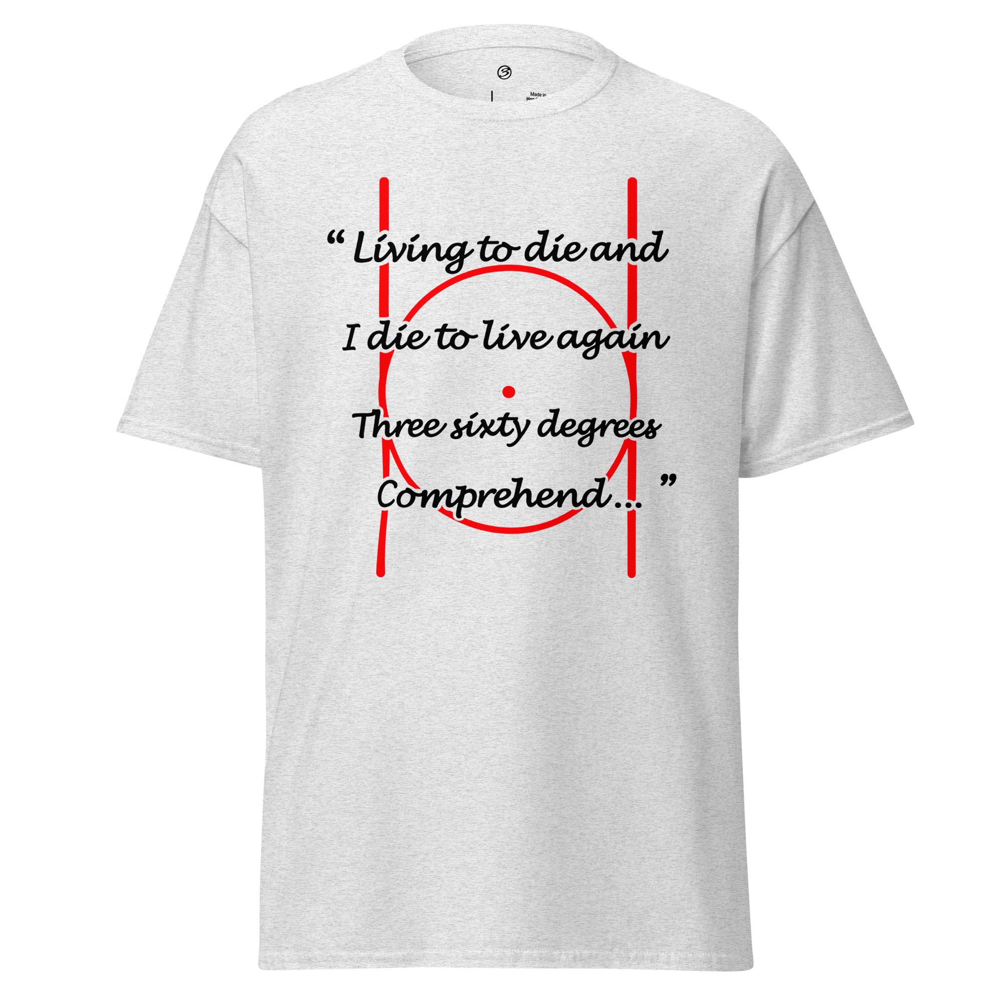 White t-shirt with black text and red design on a white background