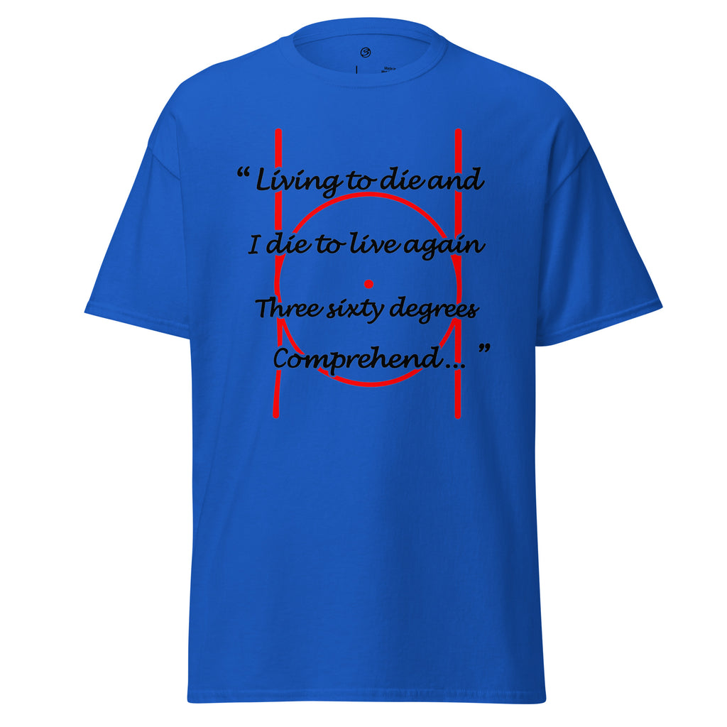 Blue t-shirt with text and design on a white background