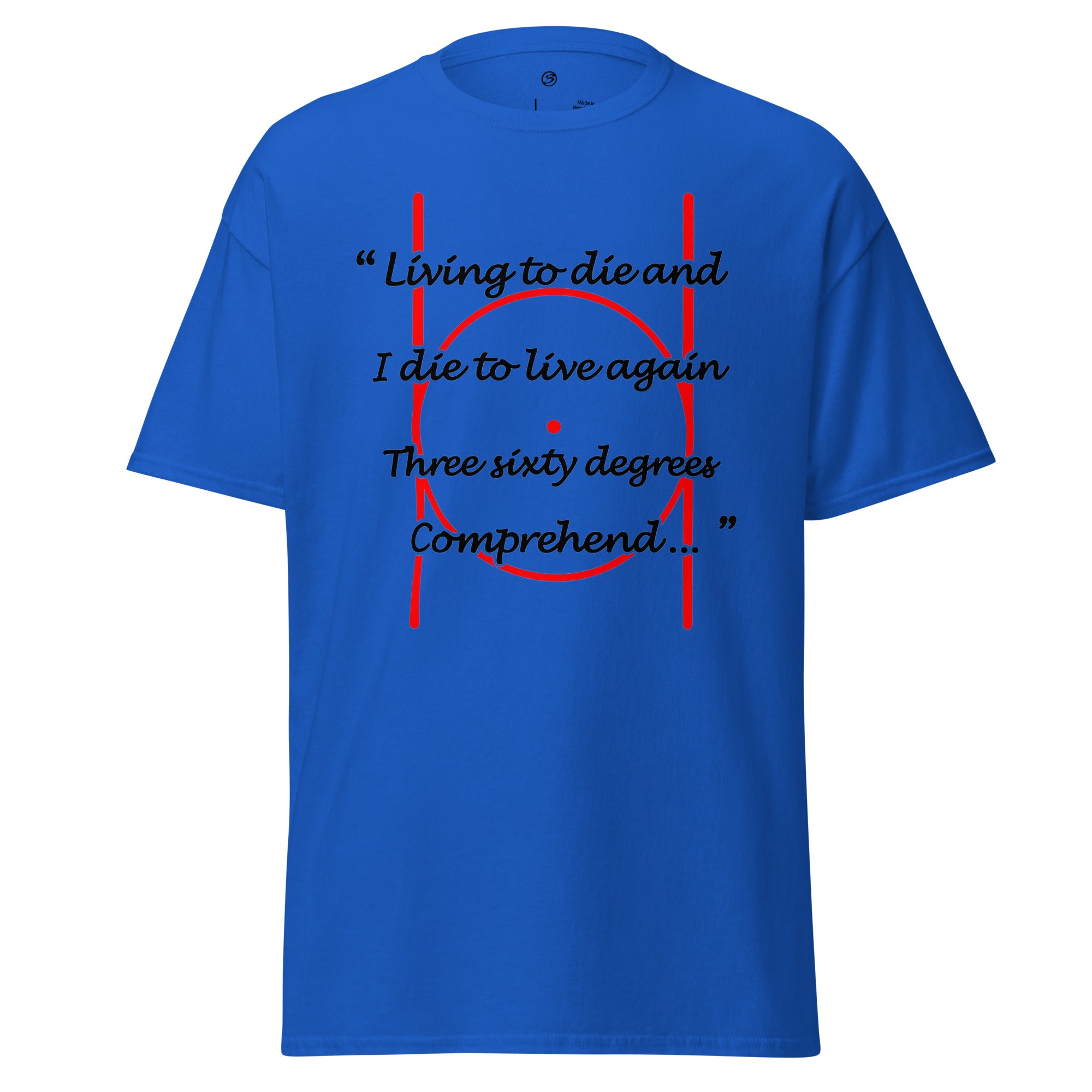 Blue t-shirt with text and design on a white background