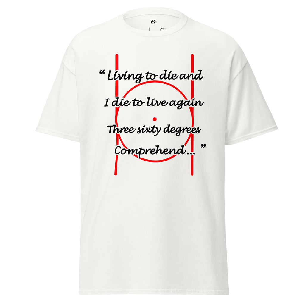 White t-shirt with black and red text and design on a white background