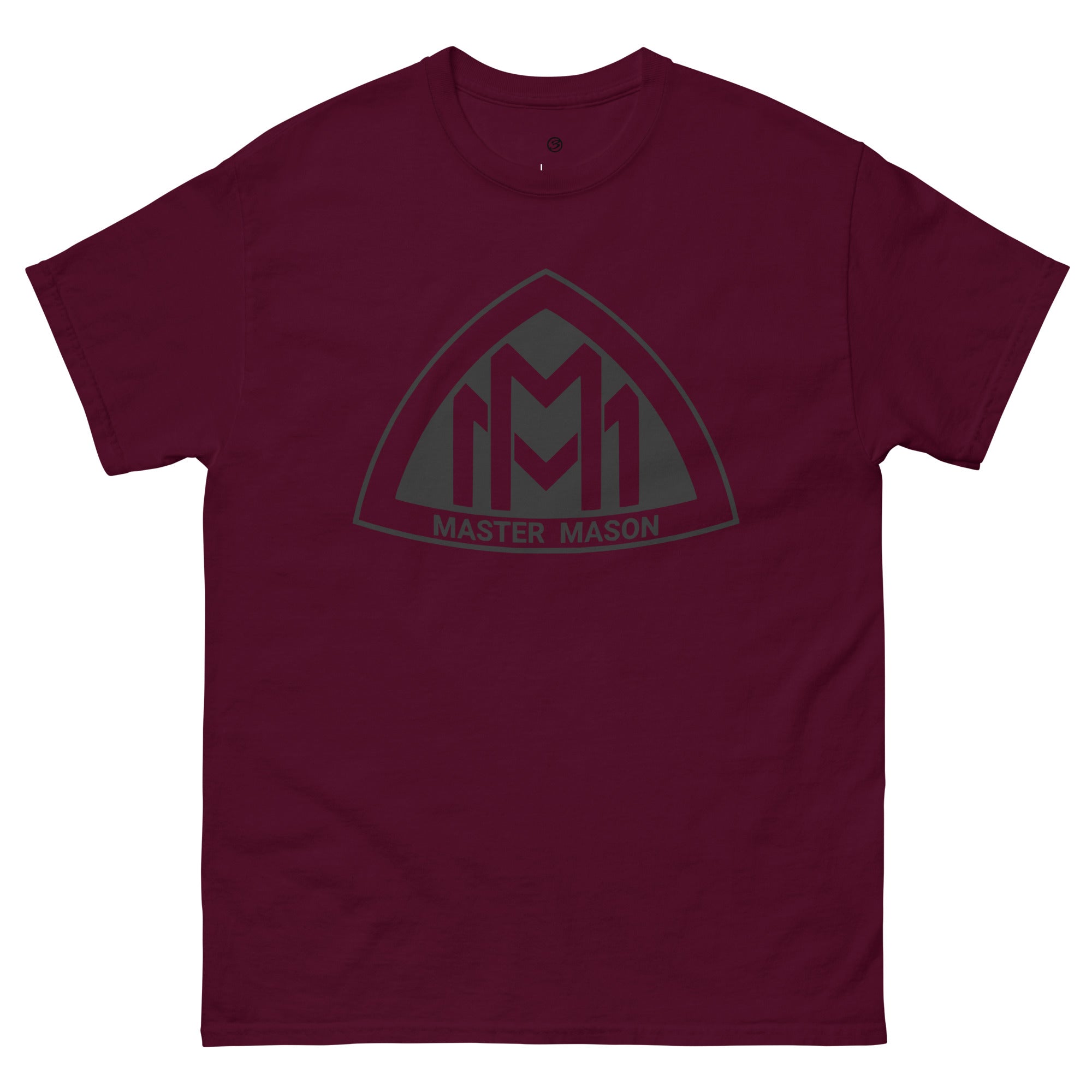 Maroon t-shirt with 'Master Mason' logo on a white background