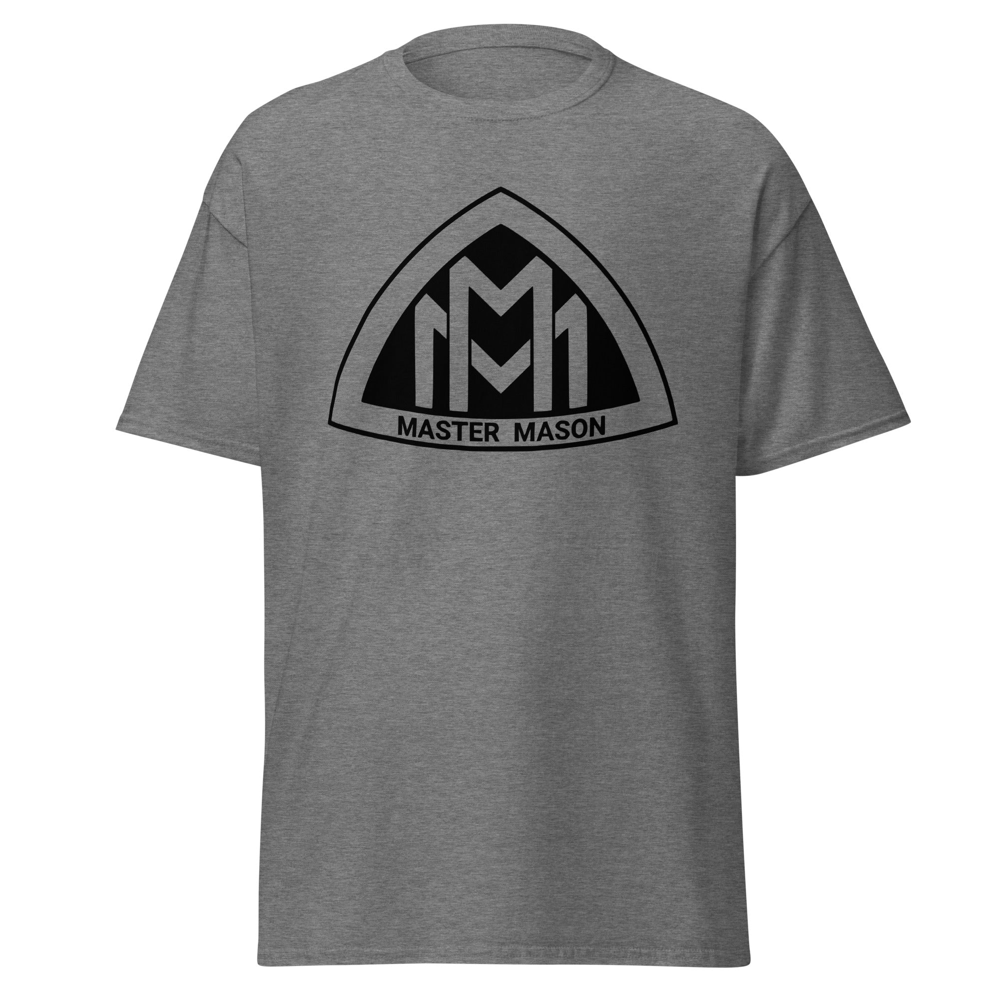 Gray t-shirt with black 'Master Mason' logo on a white background