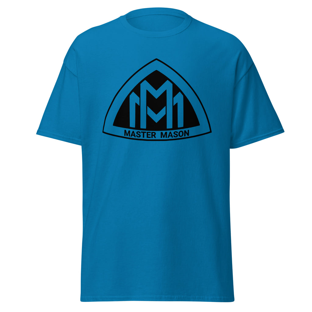 Blue t-shirt with black 'Master Mason' logo on a white background