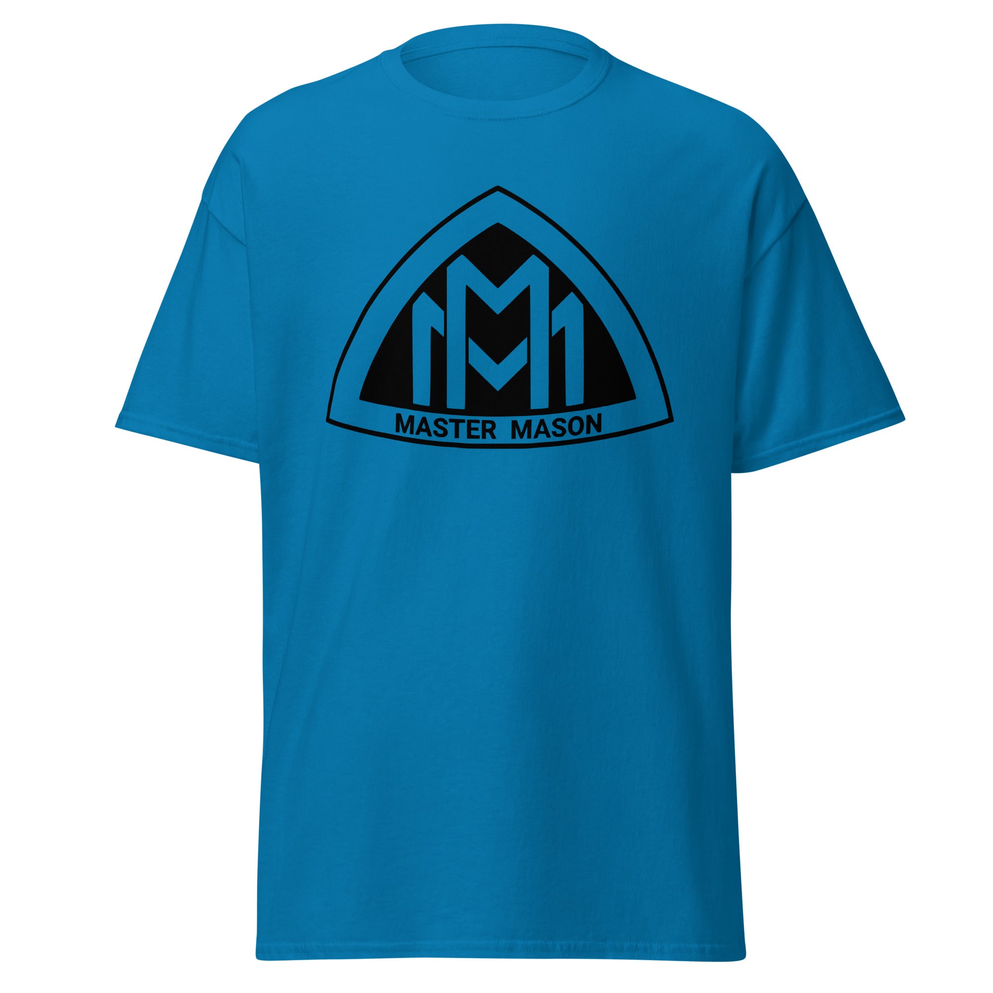 Blue t-shirt with black 'Master Mason' logo on a white background