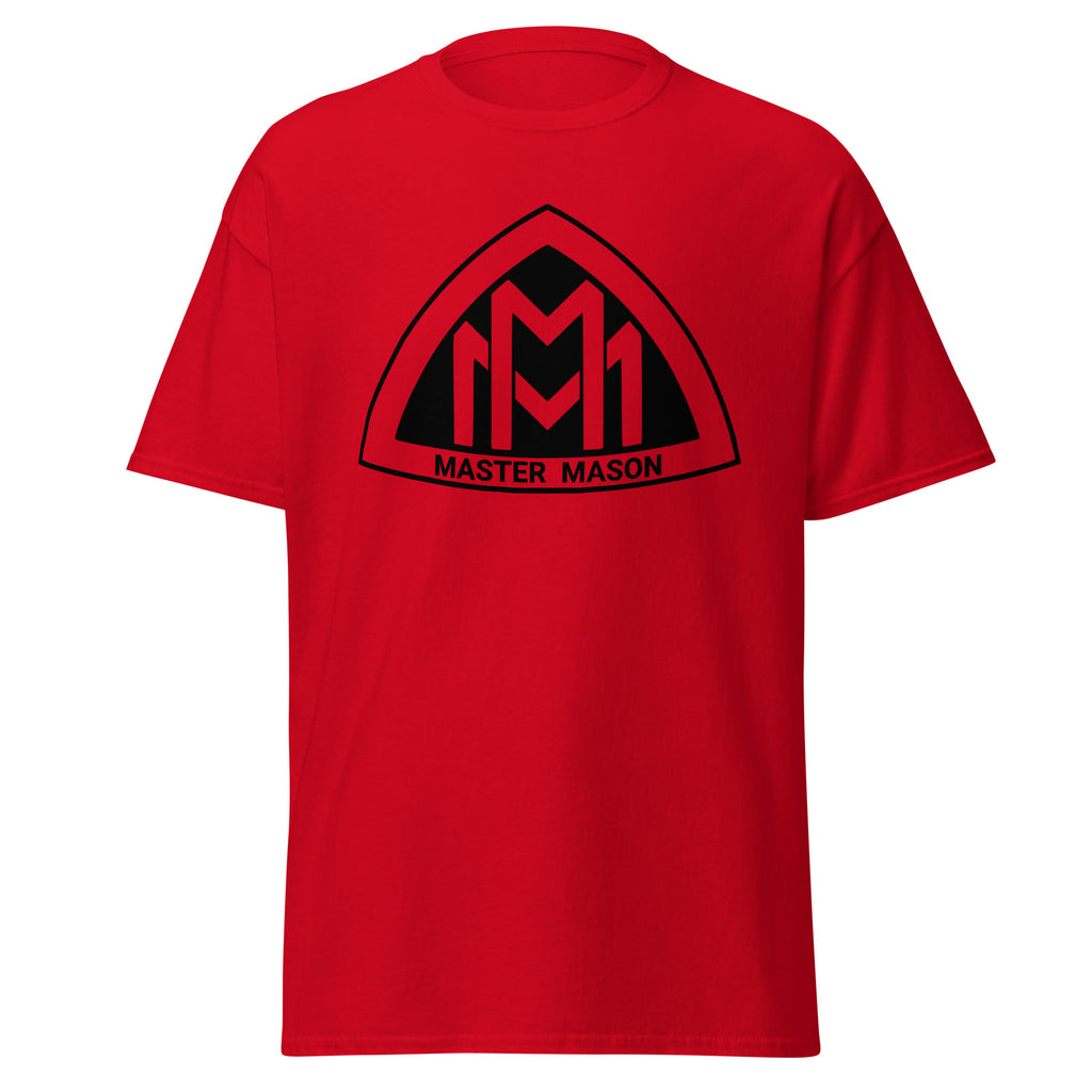 Red t-shirt with black 'Master Mason' logo on a white background