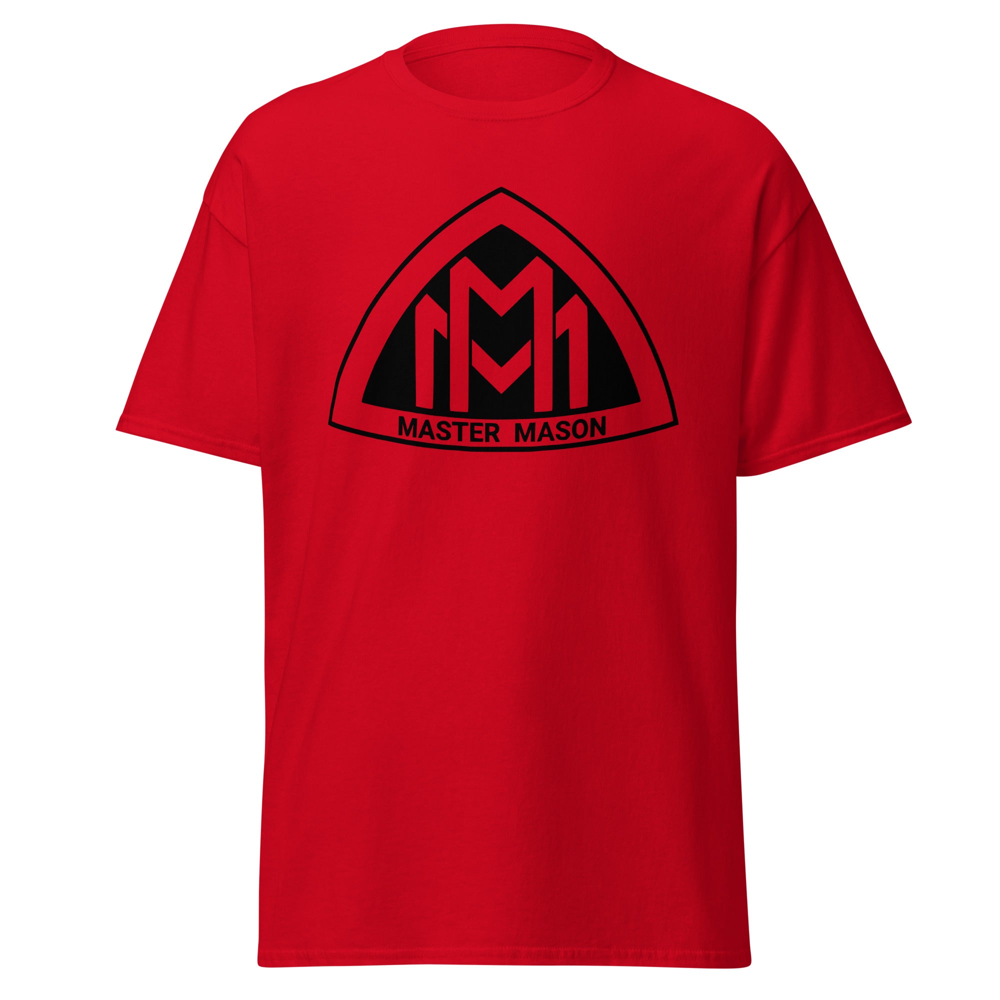 Red t-shirt with black 'Master Mason' logo on a white background