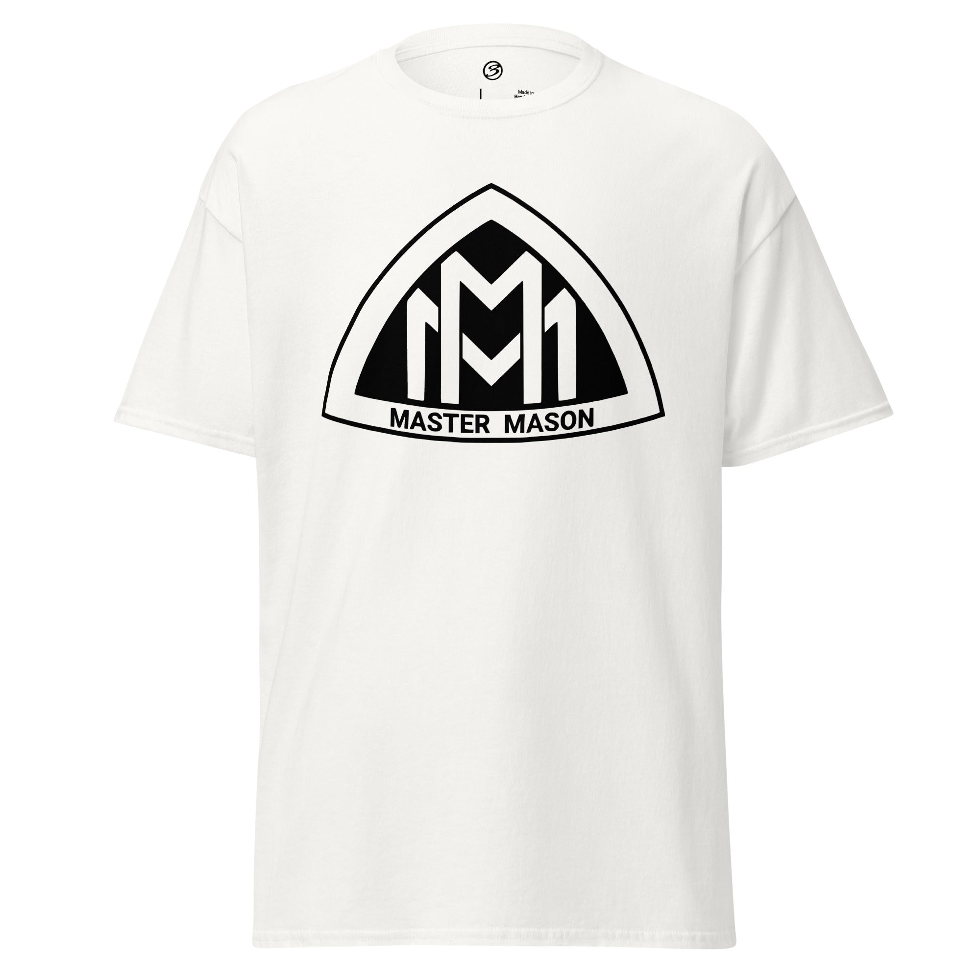 White t-shirt with black 'Master Mason' logo on a white background