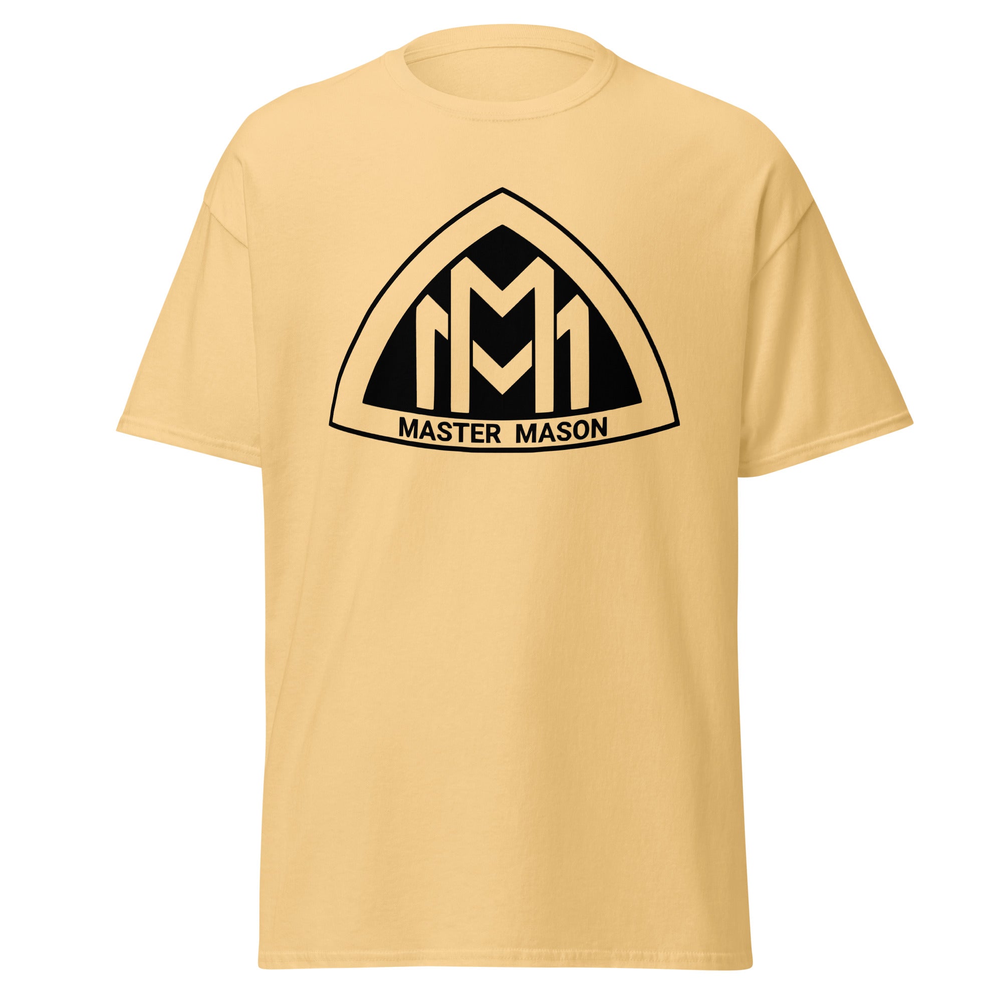 Beige t-shirt with black 'Master Mason' logo on a white background