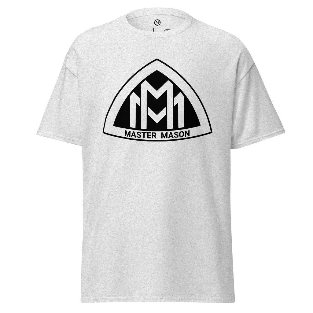 White t-shirt with black 'Master Mason' logo on a white background