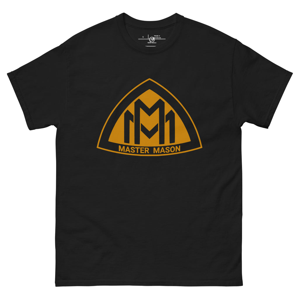 Black t-shirt with yellow 'Master Mason' logo on a white background