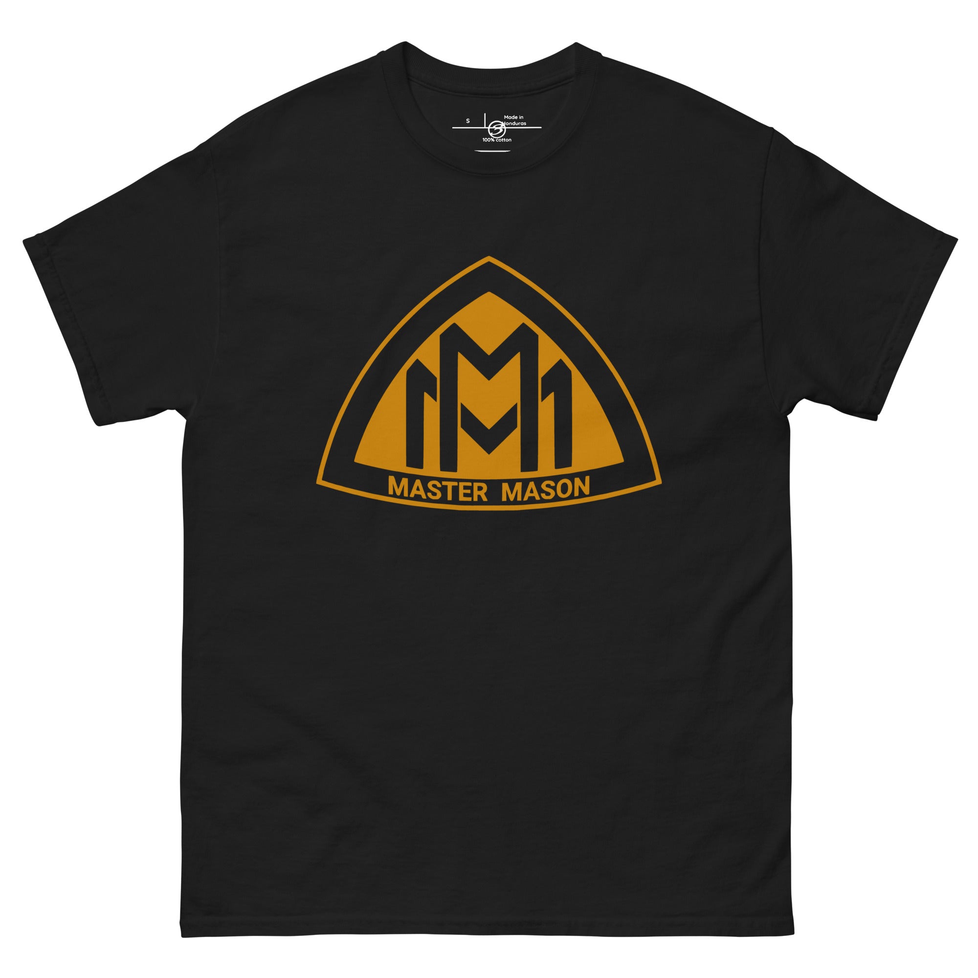 Black t-shirt with yellow 'Master Mason' logo on a white background