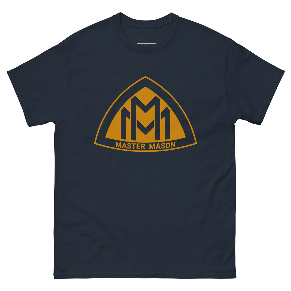 Navy blue t-shirt with yellow 'Master Mason' logo on a white background