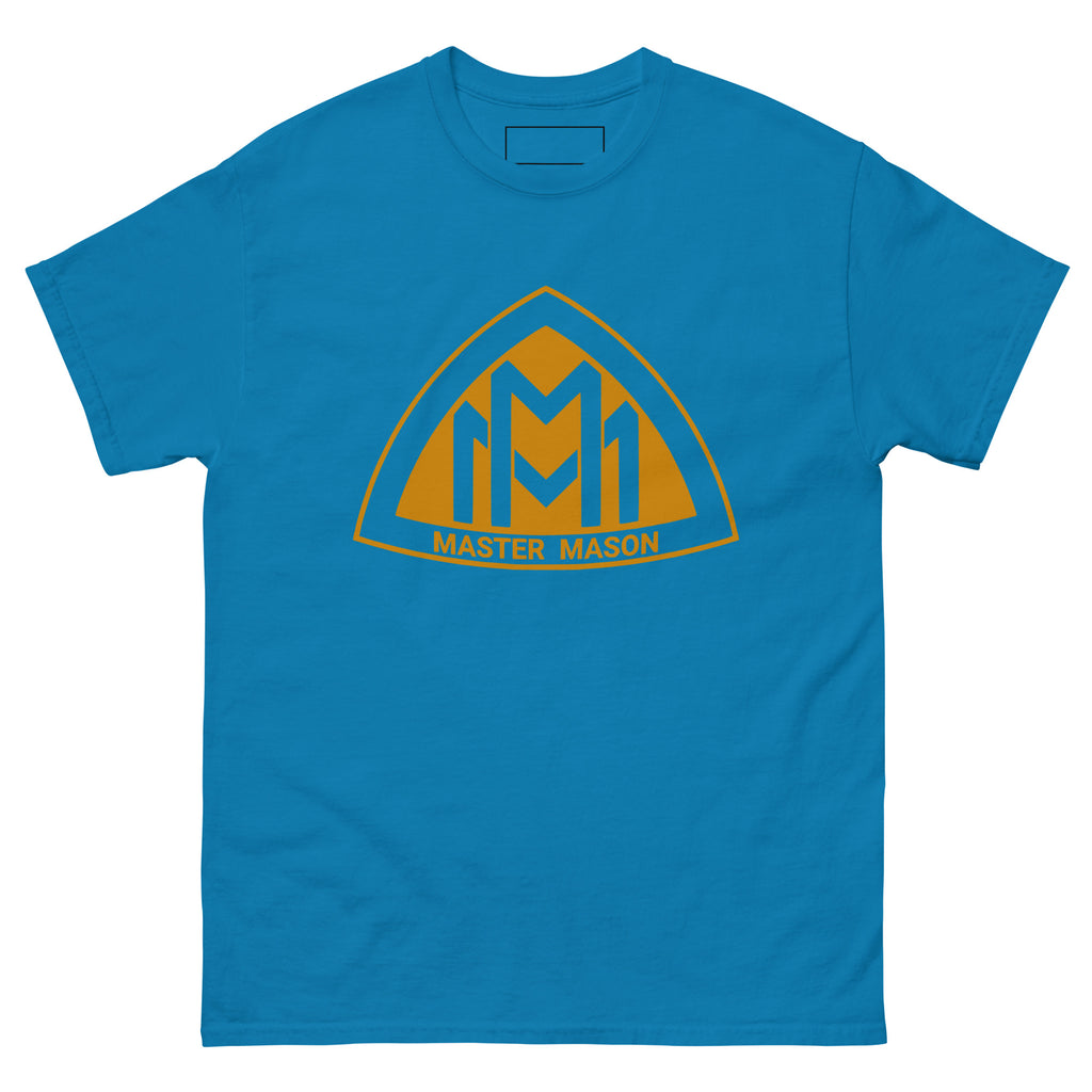 Blue t-shirt with yellow 'Master Mason' logo on a white background