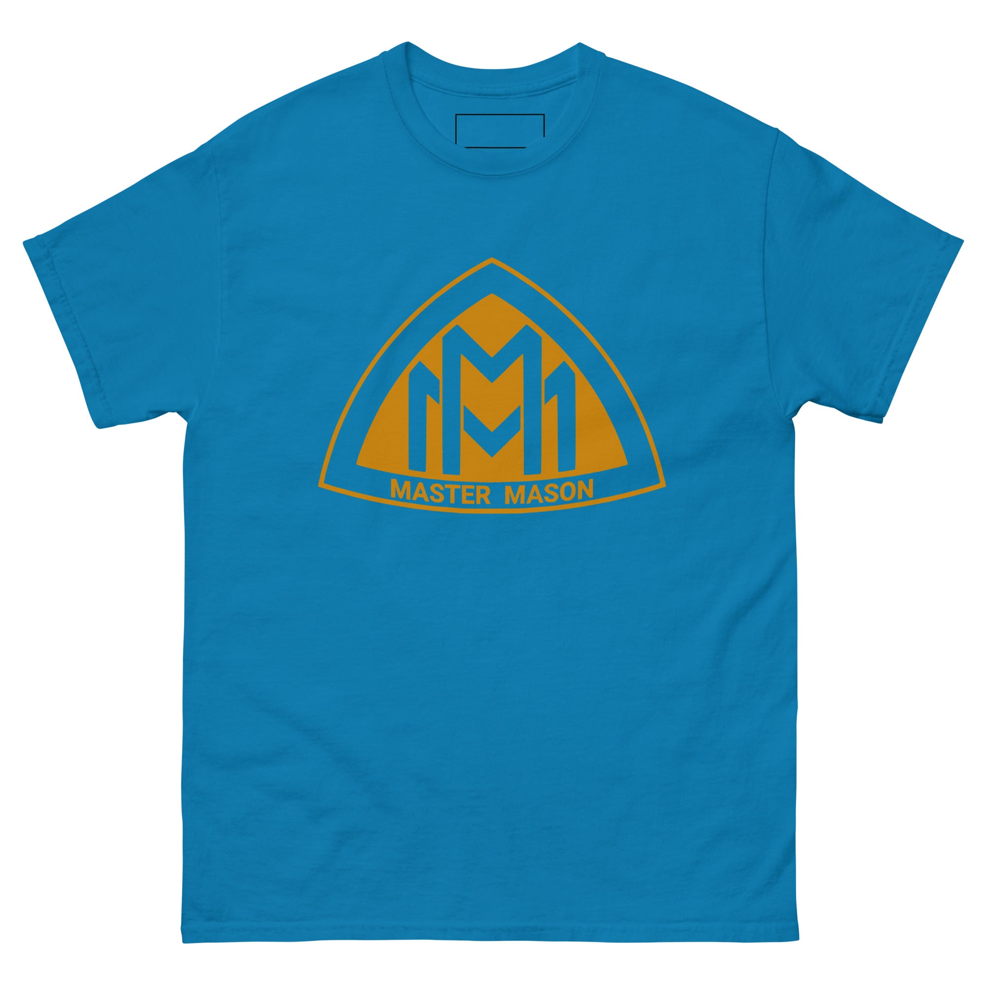 Blue t-shirt with yellow 'Master Mason' logo on a white background