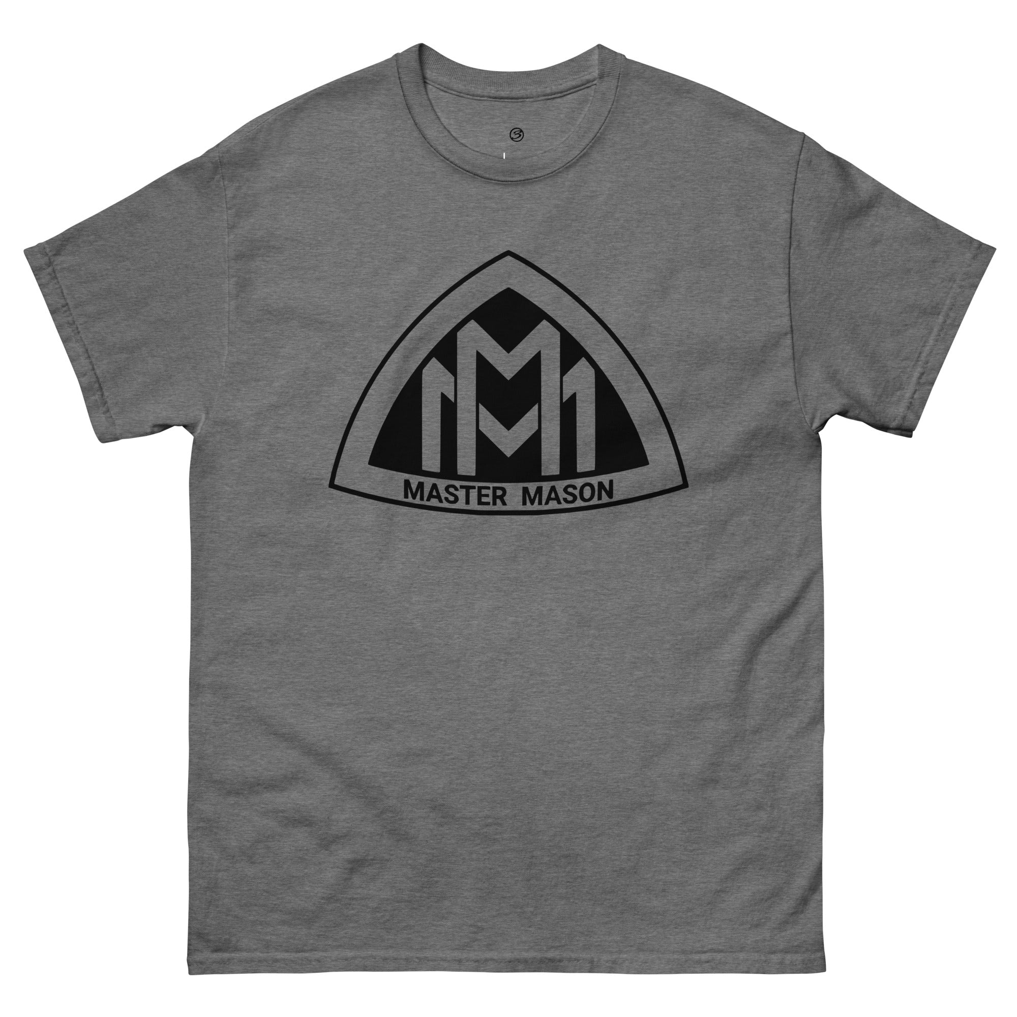 Gray t-shirt with black 'Master Mason' logo on a white background