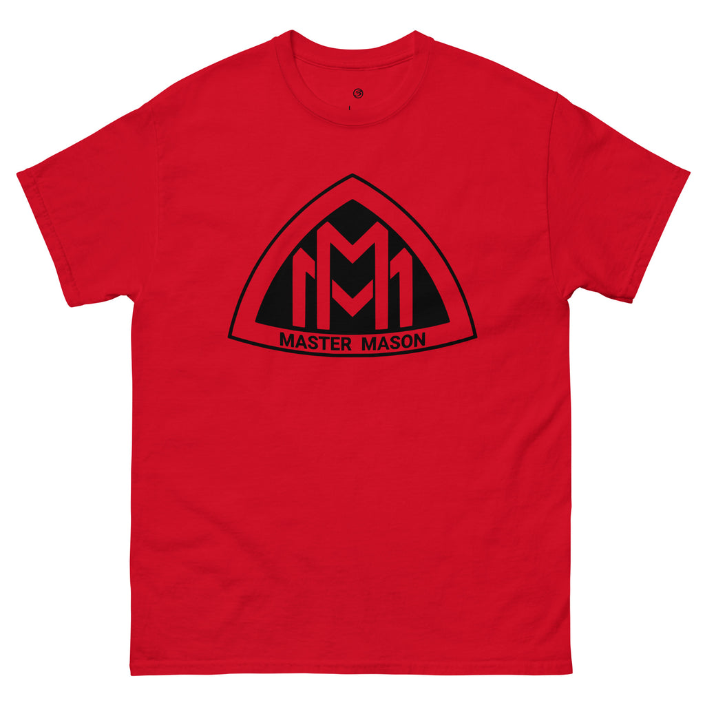 Red t-shirt with black 'Master Mason' logo on a white background