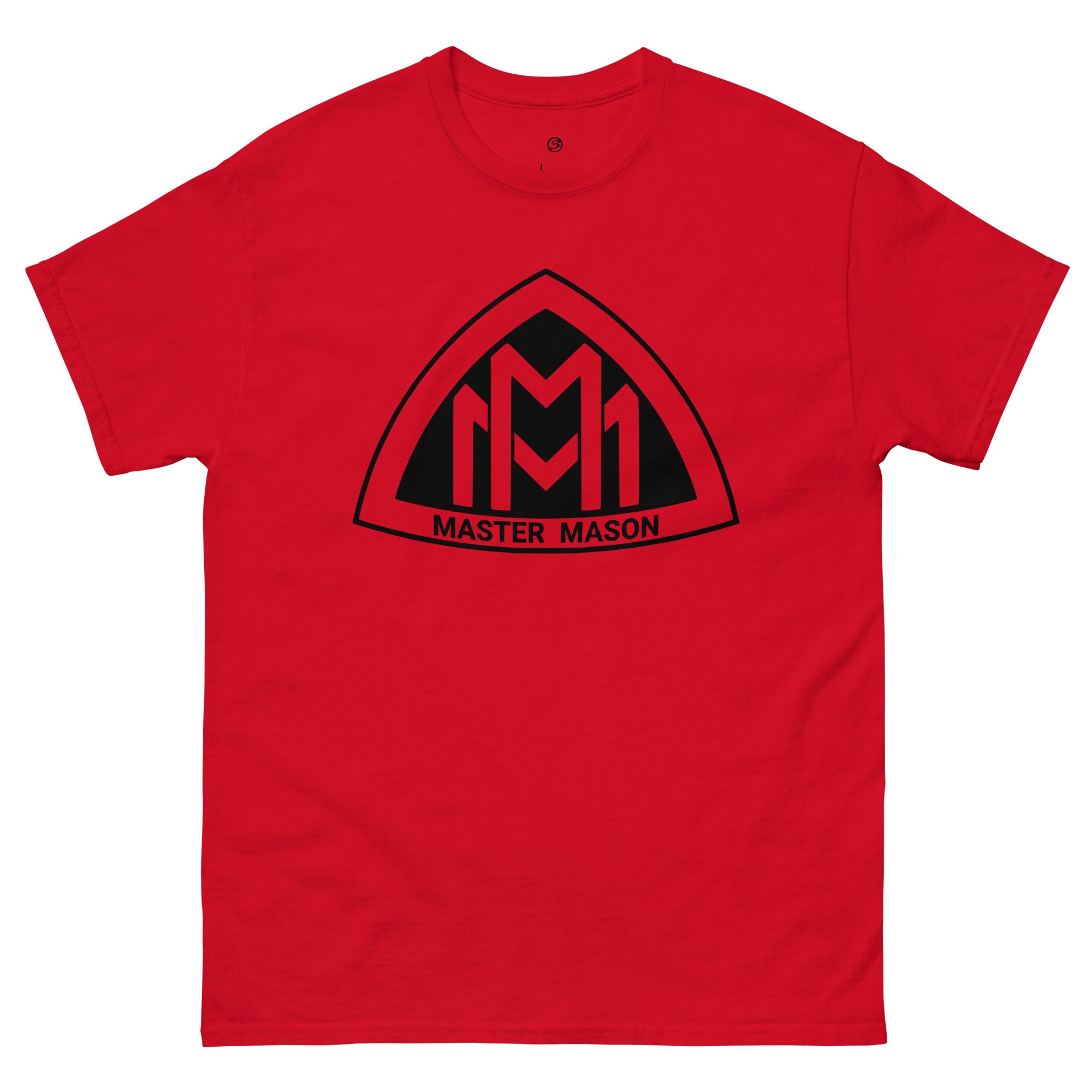 Red t-shirt with black 'Master Mason' logo on a white background