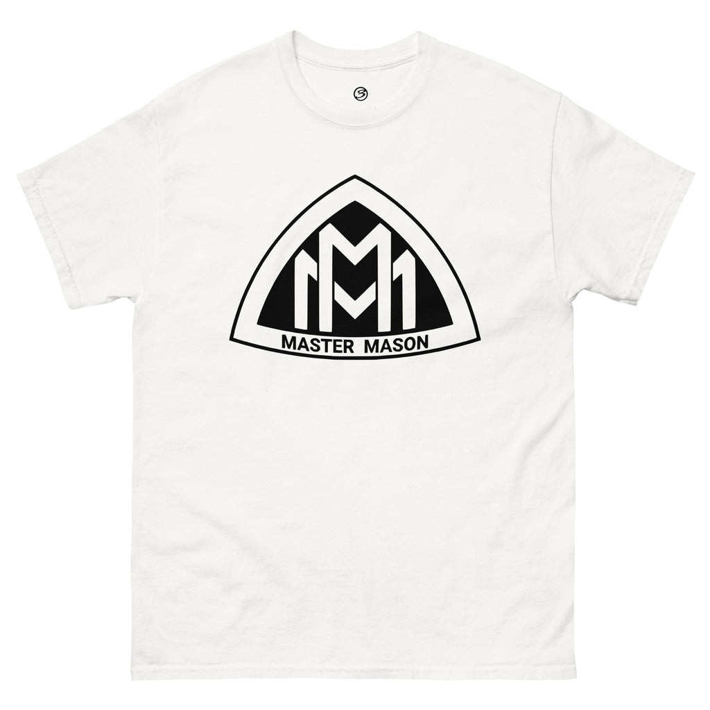 White t-shirt with 'Master Mason' logo on a white background