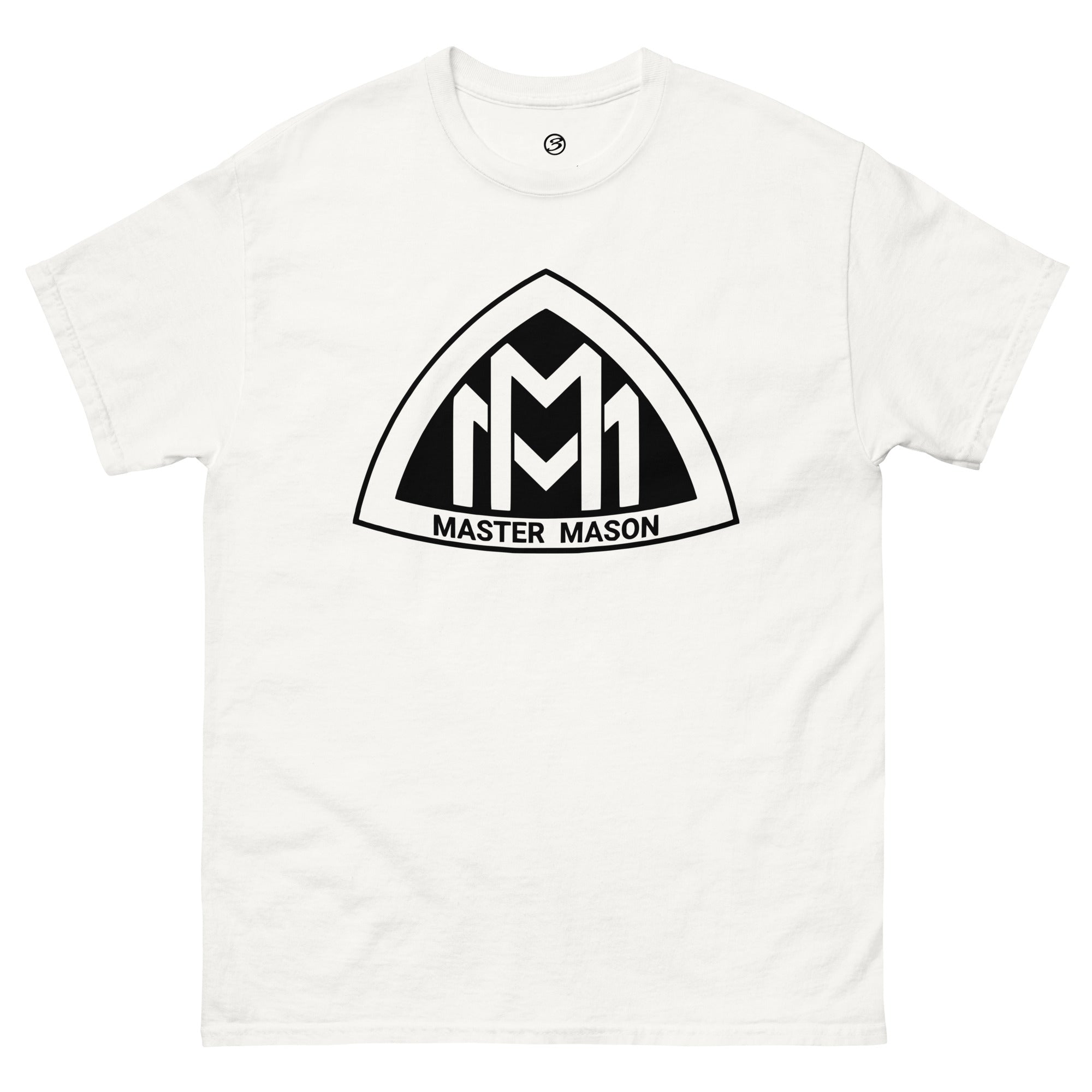 White t-shirt with 'Master Mason' logo on a white background