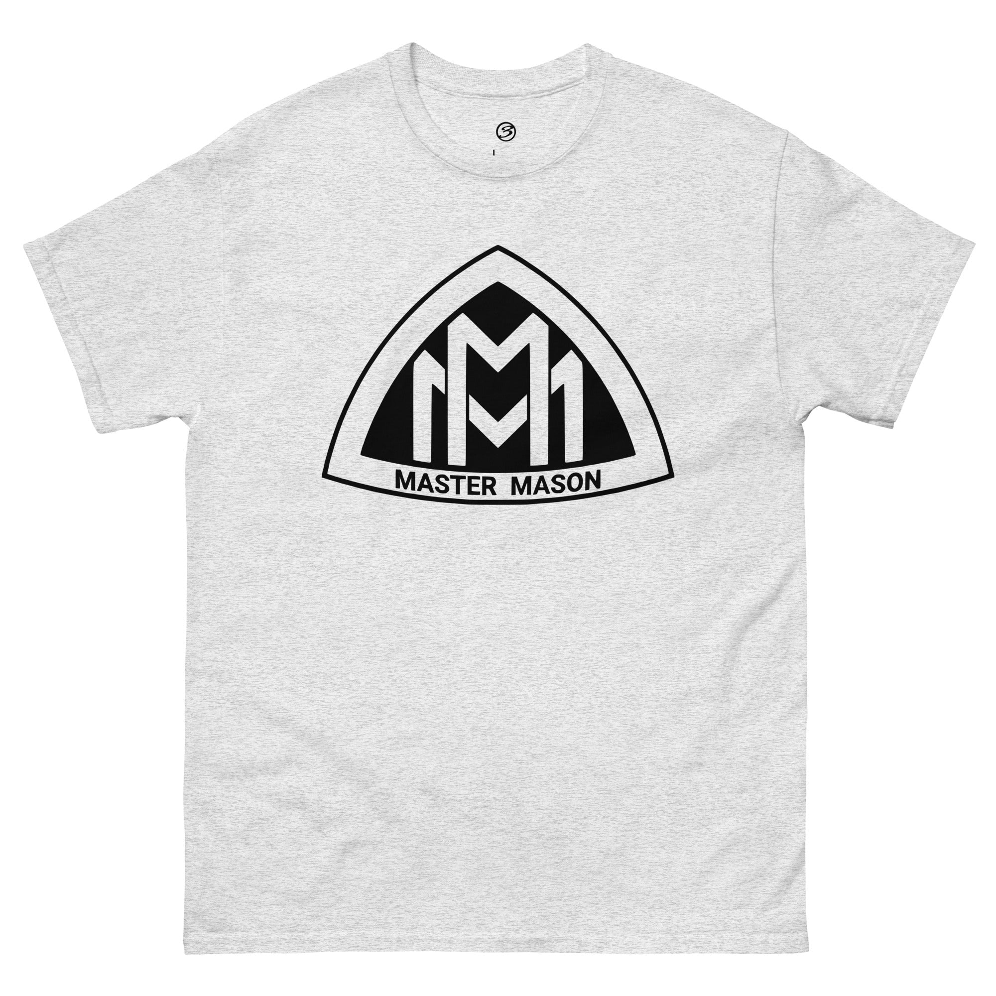Gray t-shirt with a black and white 'Master Mason' logo on a white background