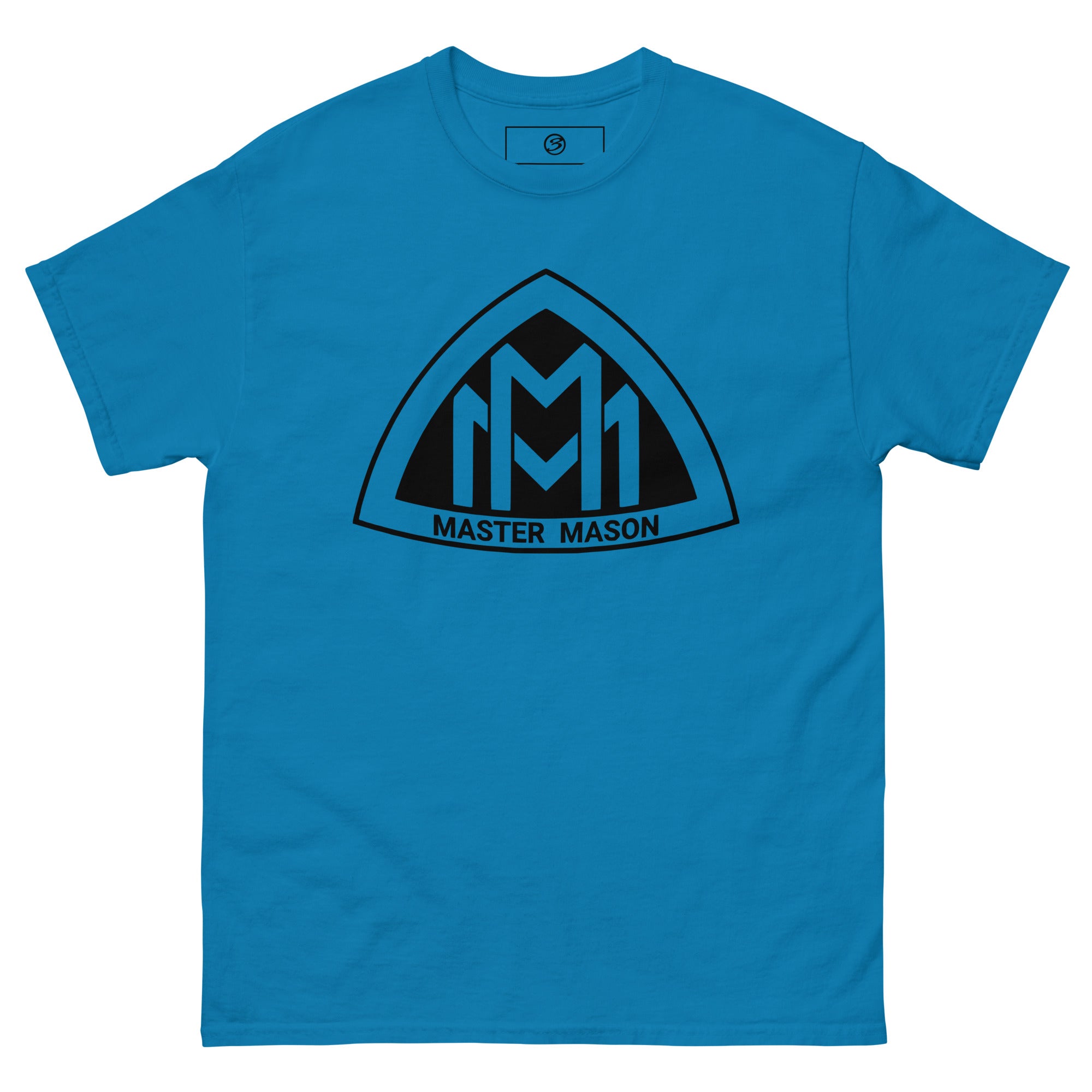 Blue t-shirt with black 'Master Mason' logo on a white background