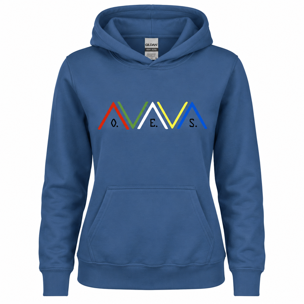 Blue hoodie with colorful logo and text on a white background