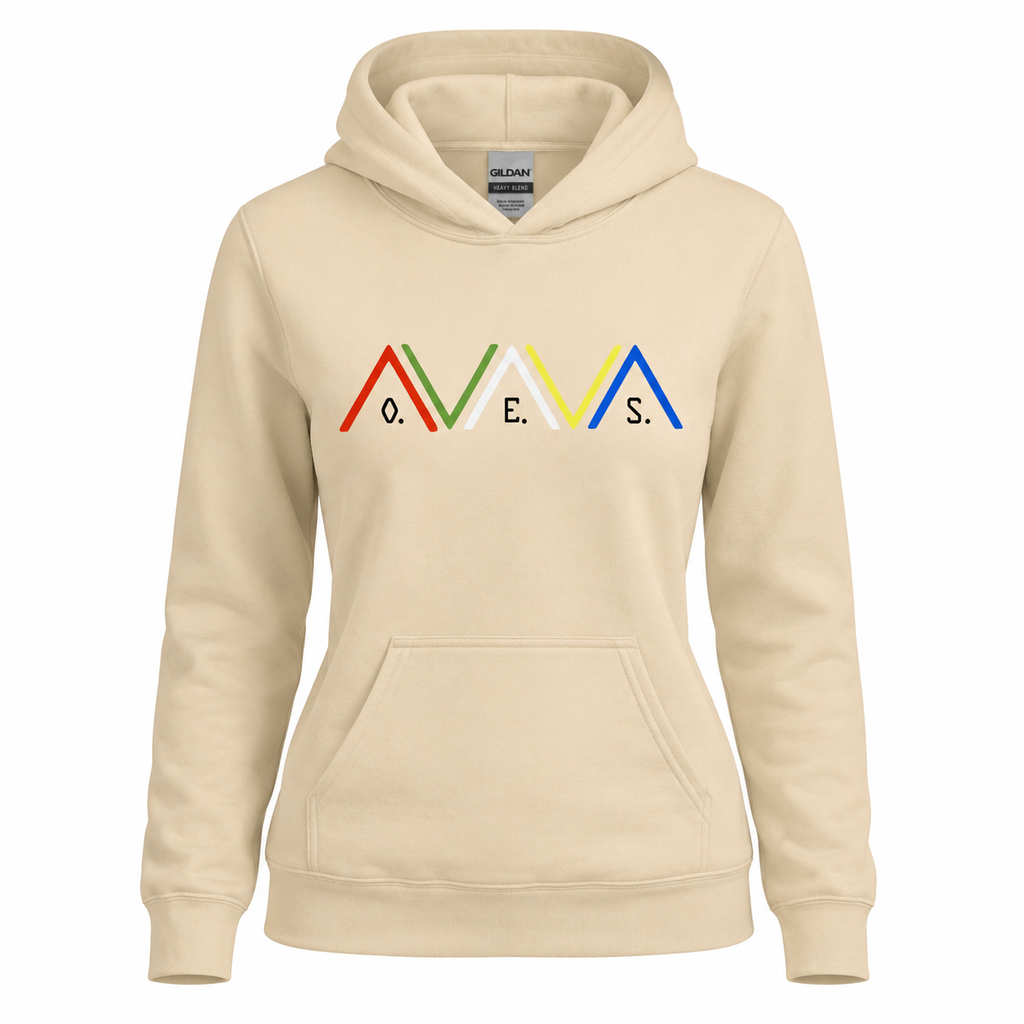 Beige hoodie with colorful logo on a white background