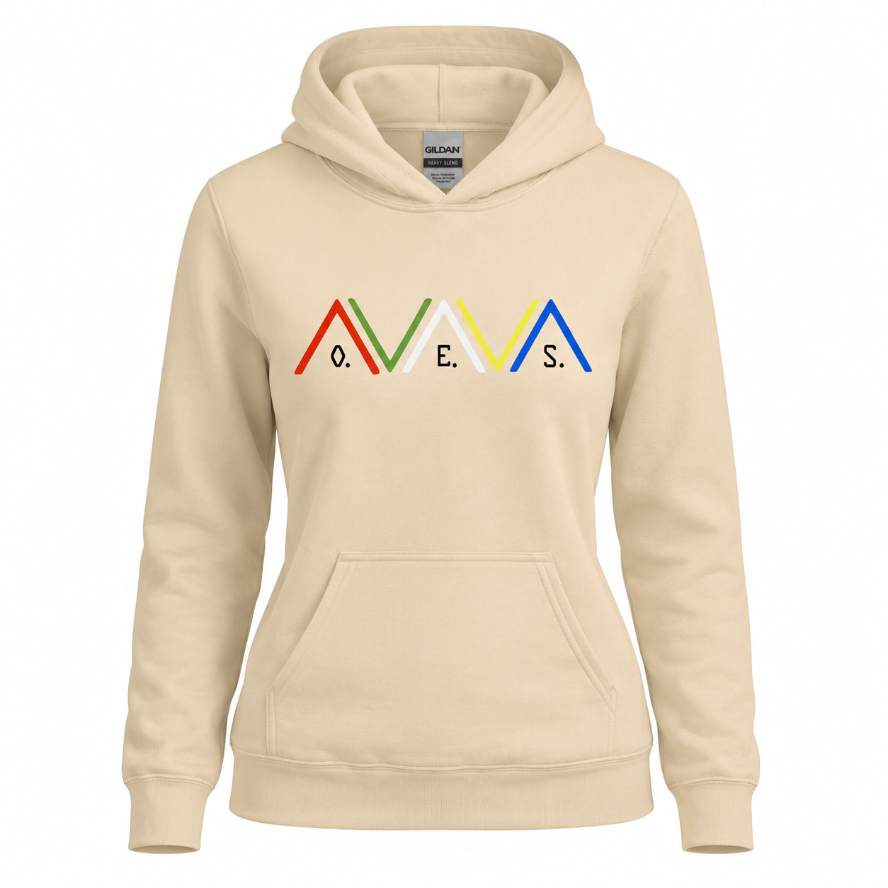 Beige hoodie with colorful logo on a white background