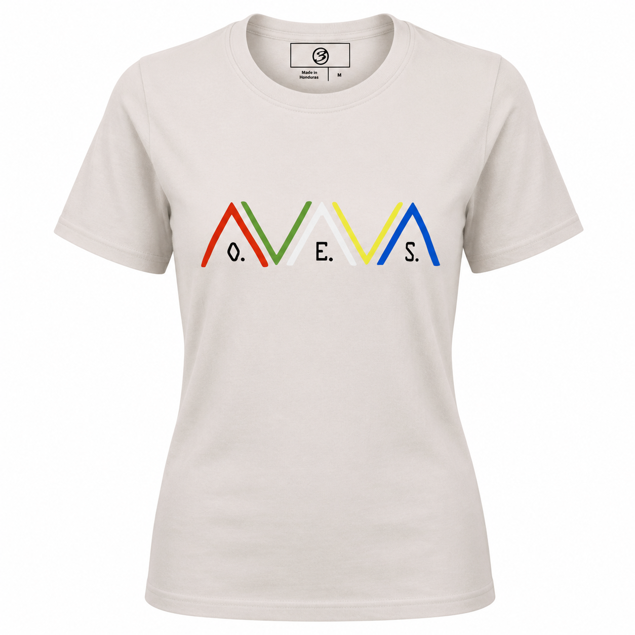 White t-shirt with colorful logo on a white background