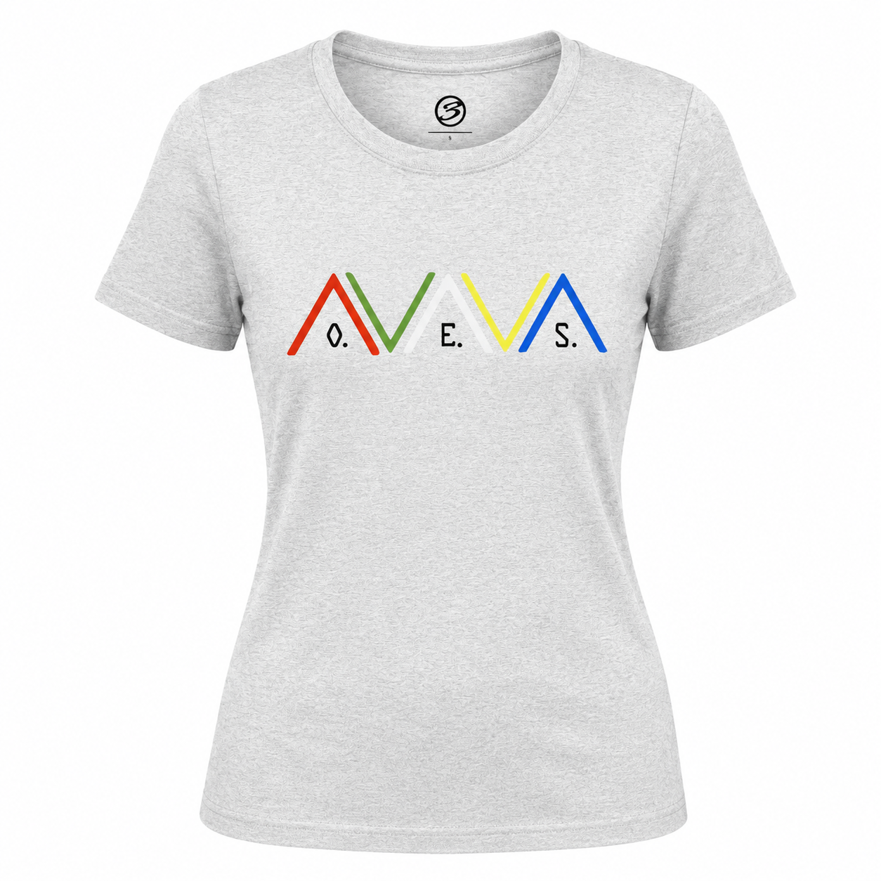 Gray t-shirt with colorful logo on a white background