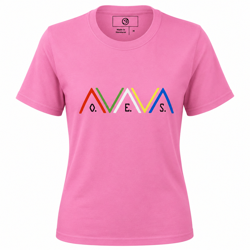 Pink t-shirt with colorful logo on a white background