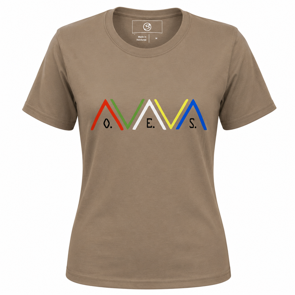 Brown t-shirt with colorful logo and text on a white background