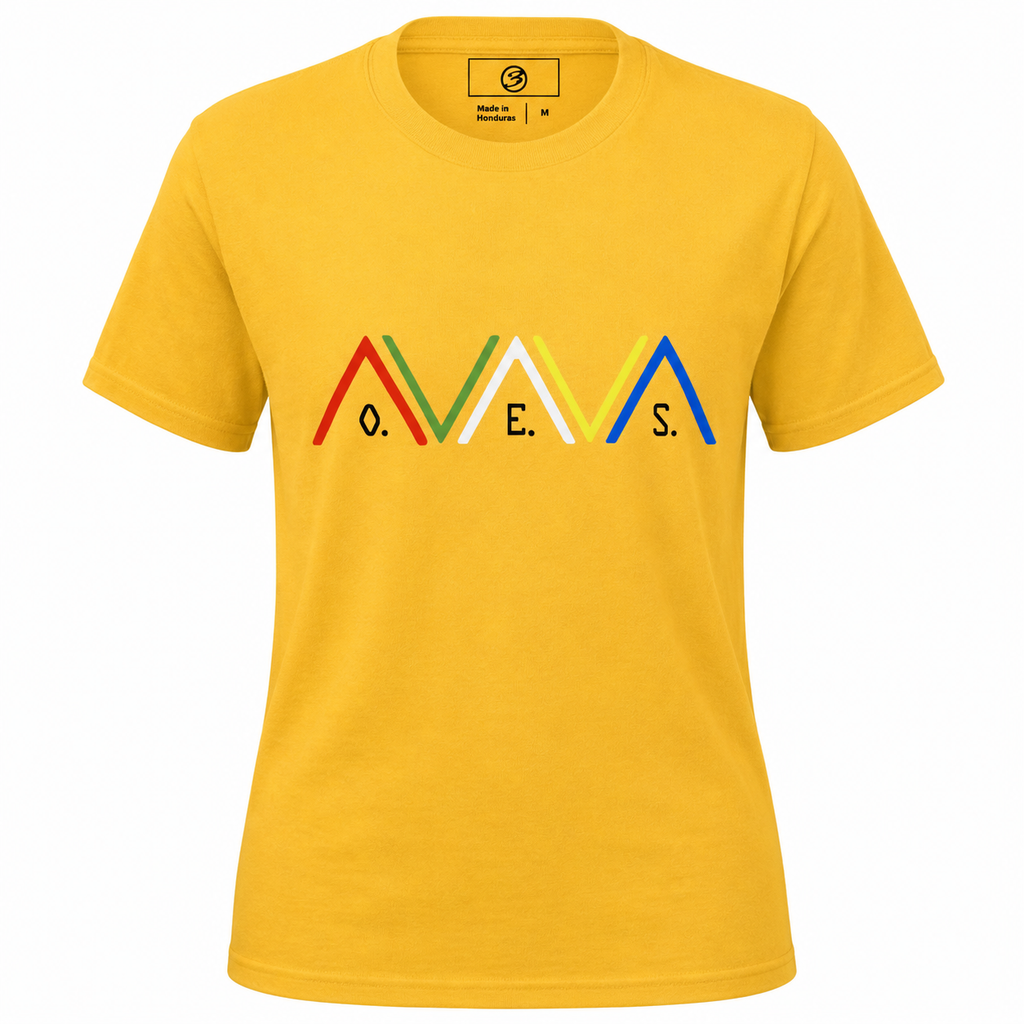 Yellow t-shirt with colorful logo and text on a white background