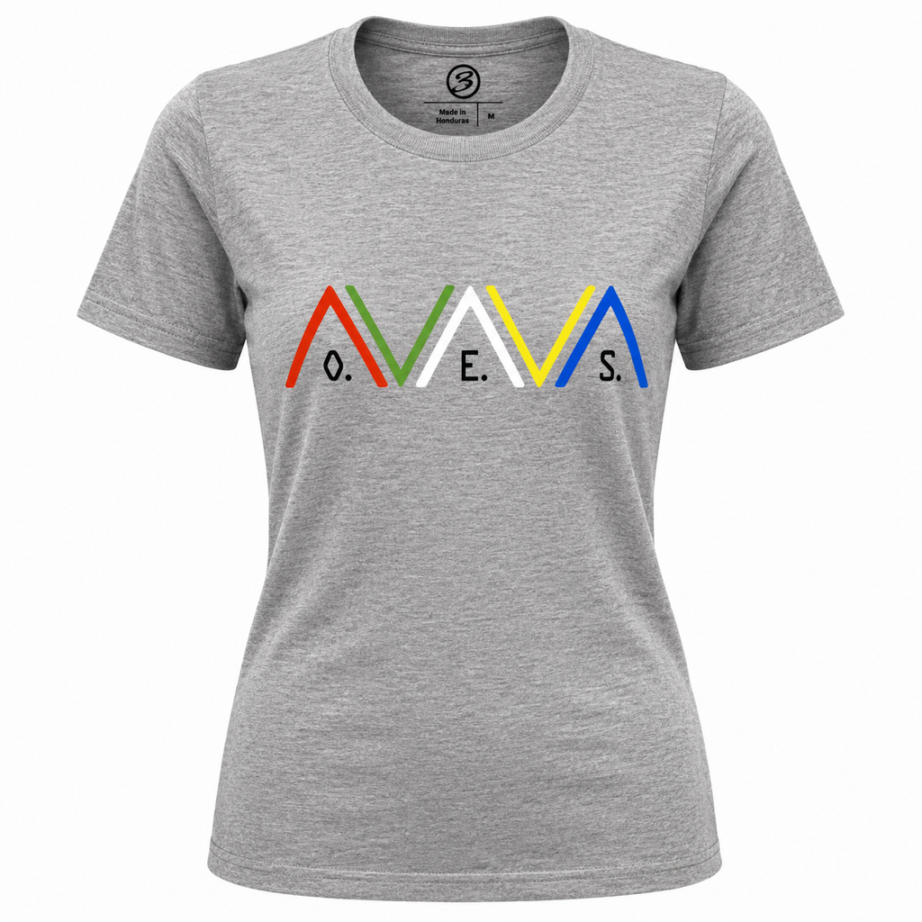 Gray t-shirt with colorful logo and text on a white background