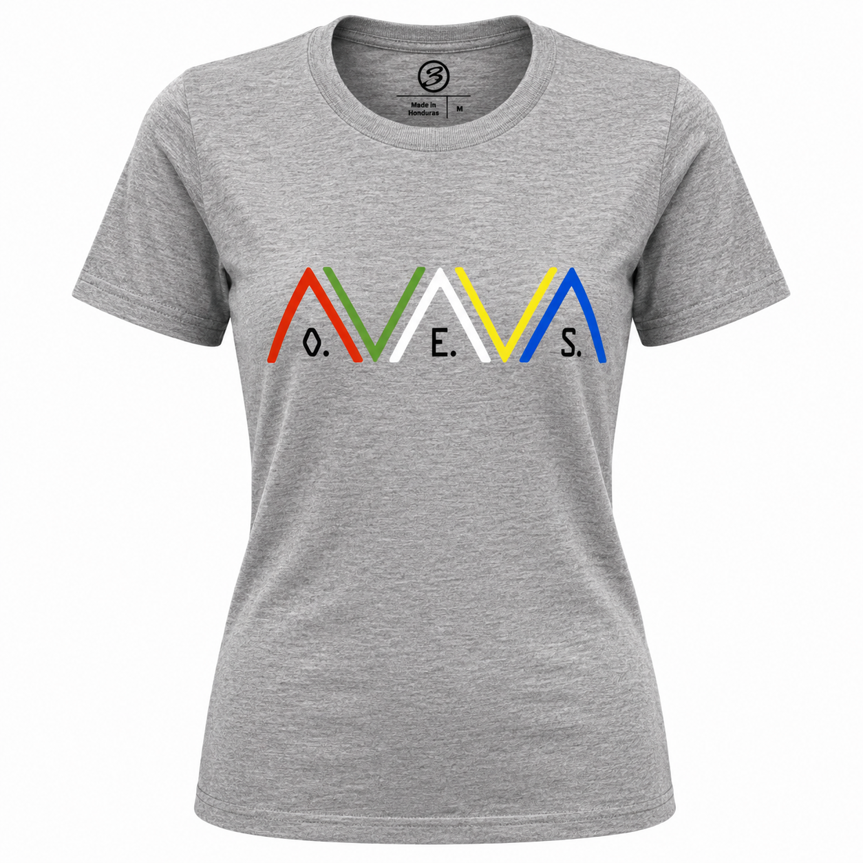 Gray t-shirt with colorful logo and text on a white background