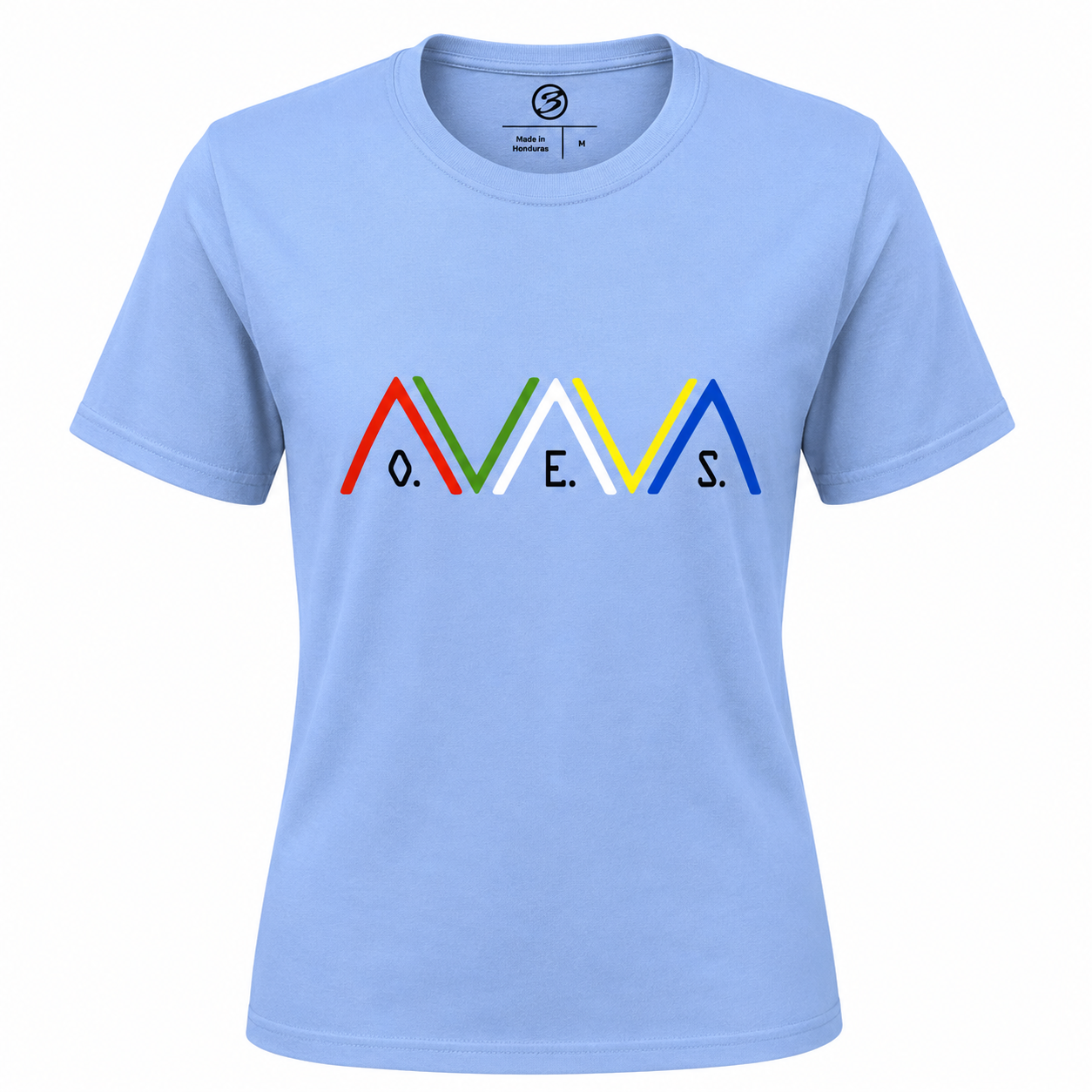 Light blue t-shirt with colorful logo and text on a white background