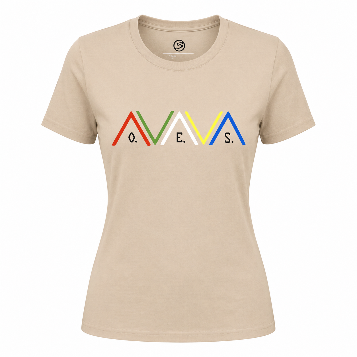 Beige t-shirt with colorful logo on a white background