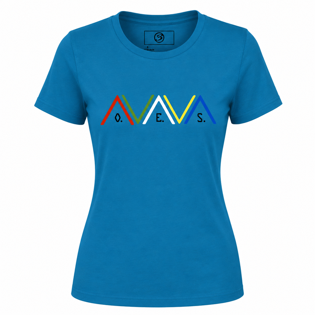 Blue t-shirt with colorful logo on a white background