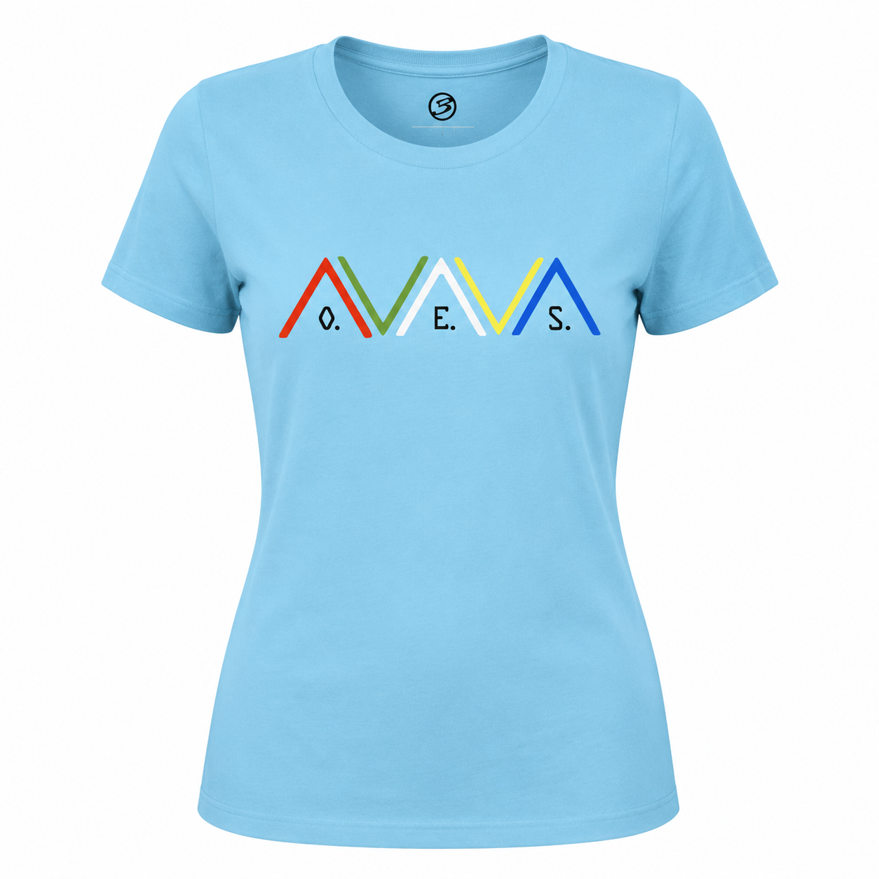 Light blue t-shirt with colorful logo on a white background
