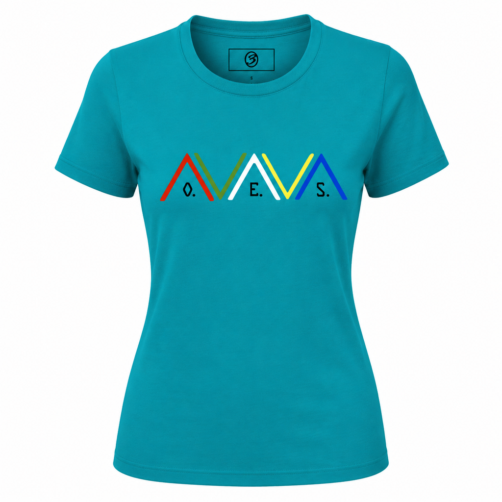 Teal t-shirt with colorful logo on a white background