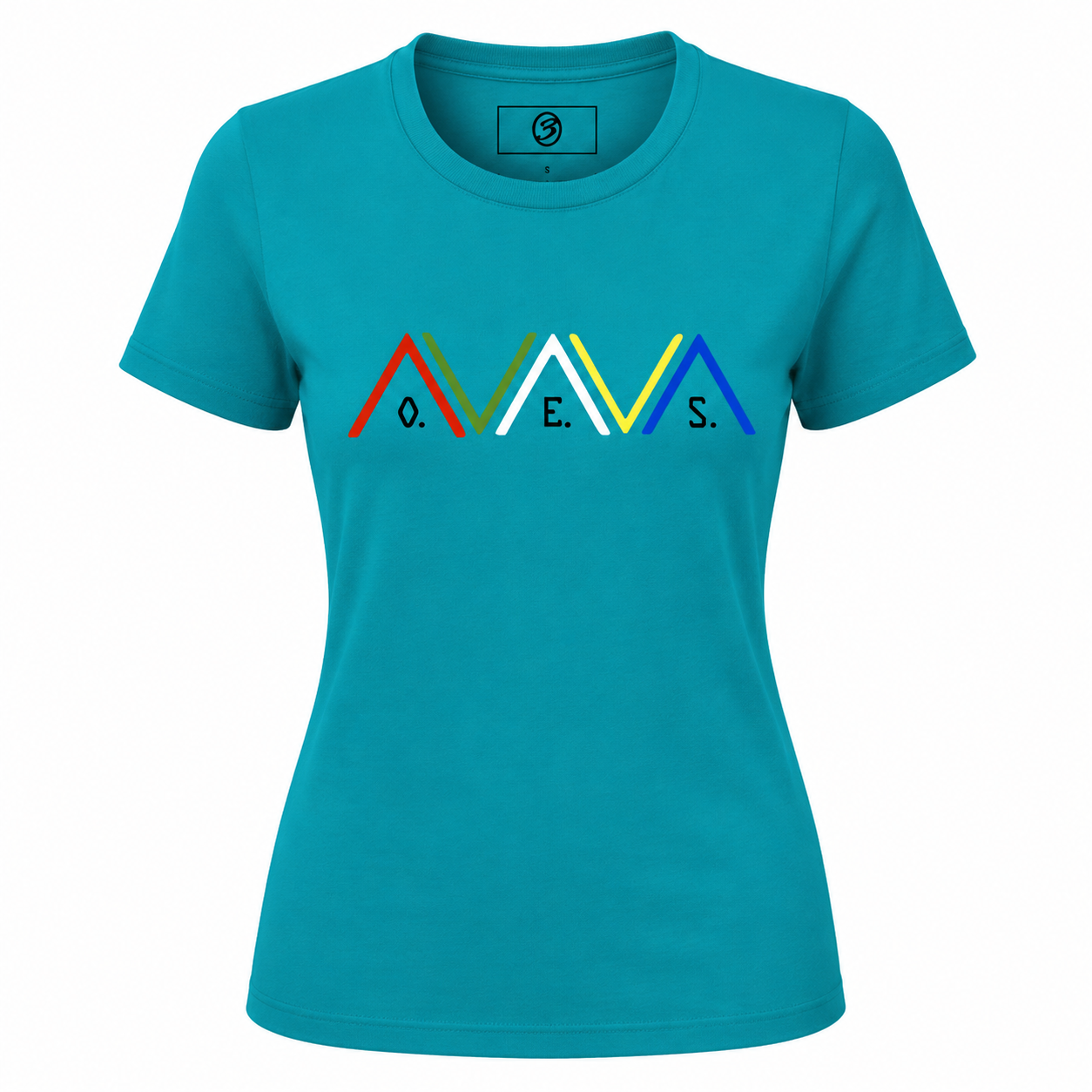 Teal t-shirt with colorful logo on a white background