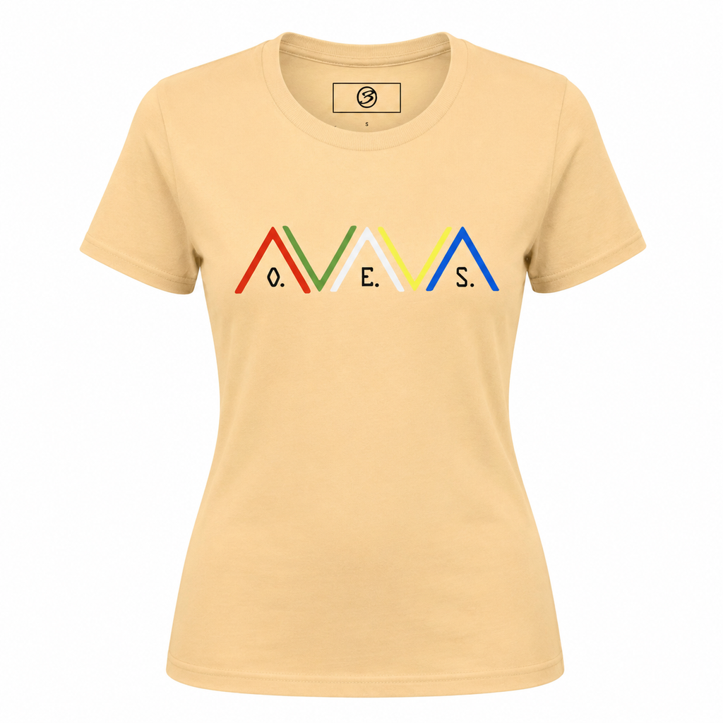 Beige t-shirt with colorful logo on a white background